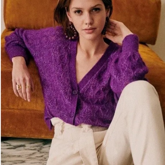 SEZANE Purple Oversized Fancy Knit Mohair Wool Marlow V Neck
